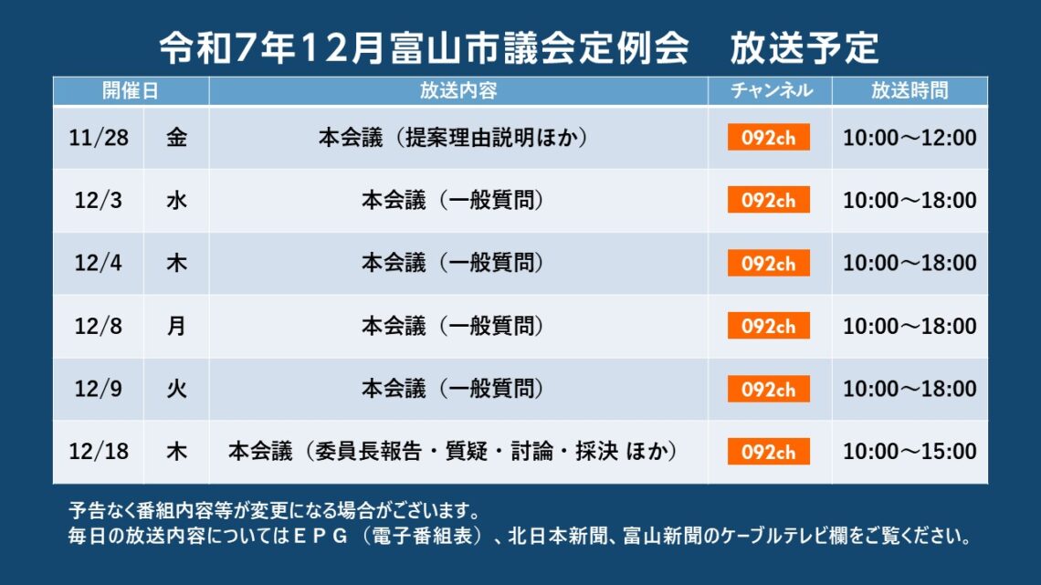 【議会】令和7年12月富山市議会定例会