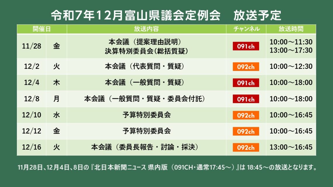 【議会】令和7年12月富山県議会定例会